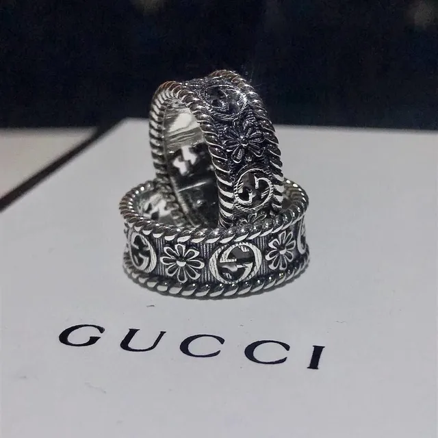 Gucci Floral GG Motif Twisted Rope Edge Silver Rings 2