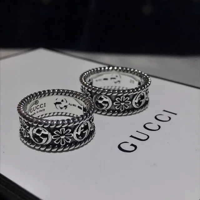Gucci Floral GG Motif Twisted Rope Edge Silver Rings 3