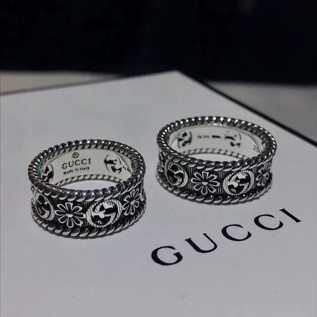 Gucci Floral GG Motif Twisted Rope Edge Silver Rings 7