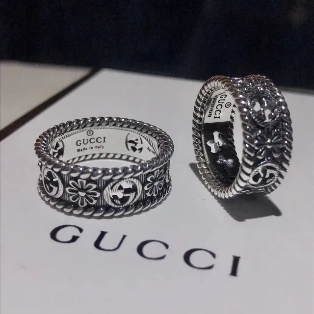 Gucci Floral GG Motif Twisted Rope Edge Silver Rings 8