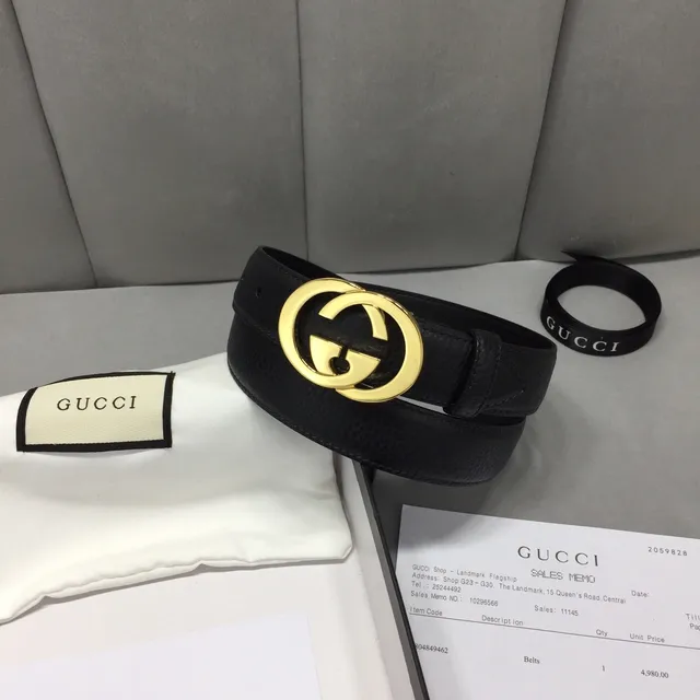 Gucci GG Marmont Black Gold Interlocking G Buckle Textured Leather Belt 2