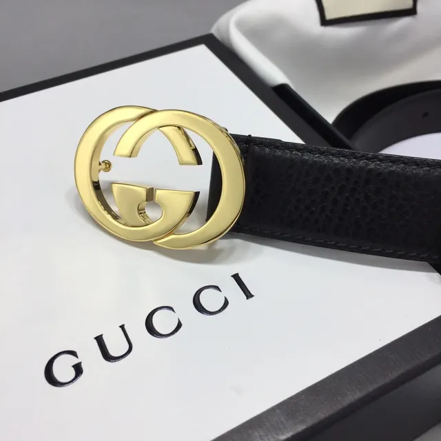 Gucci GG Marmont Black Gold Interlocking G Buckle Textured Leather Belt 3