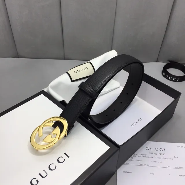 Gucci GG Marmont Black Gold Interlocking G Buckle Textured Leather Belt 4