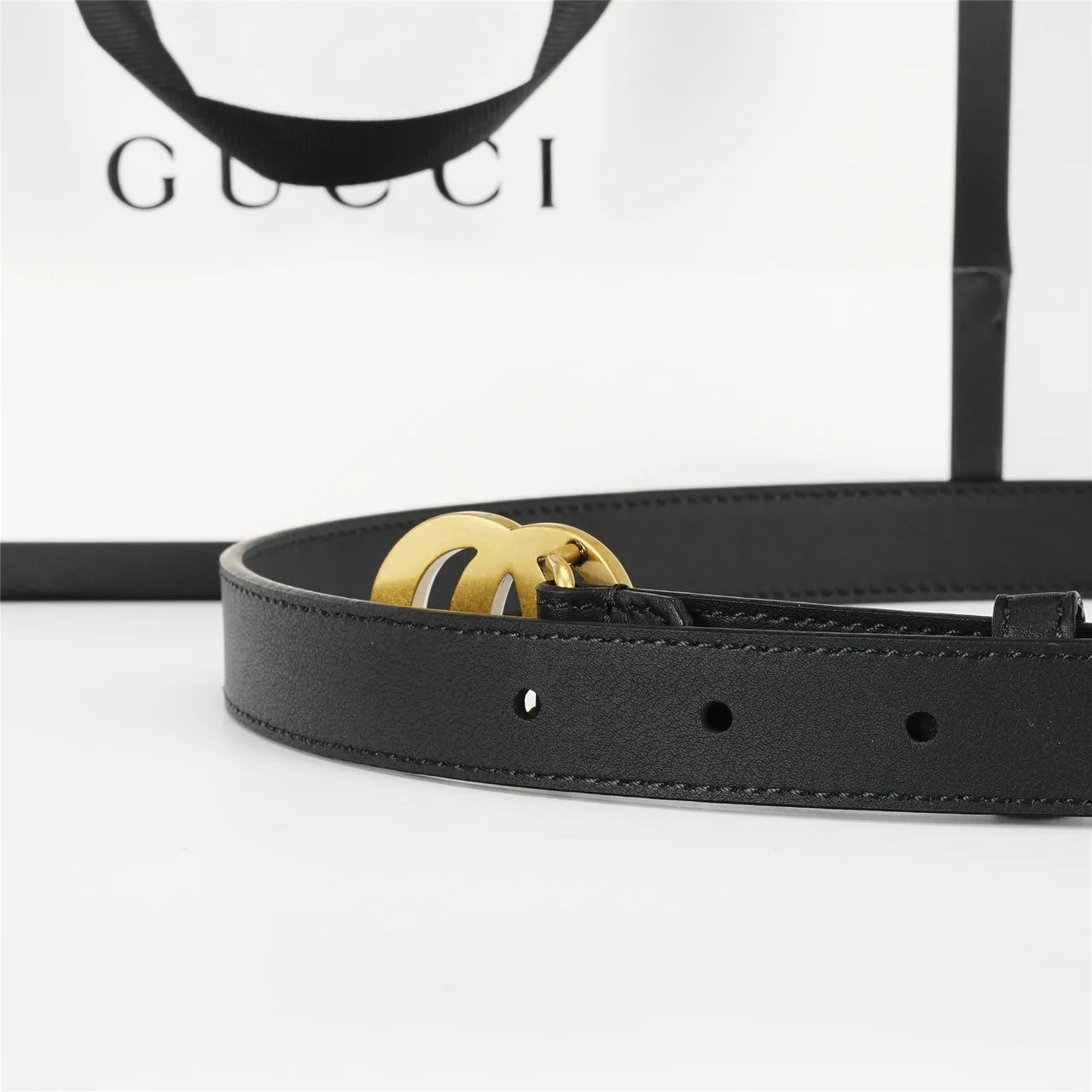 Gucci GG Marmont Black Gold Slim Interlocking Double-G Buckle Leather Belt 4