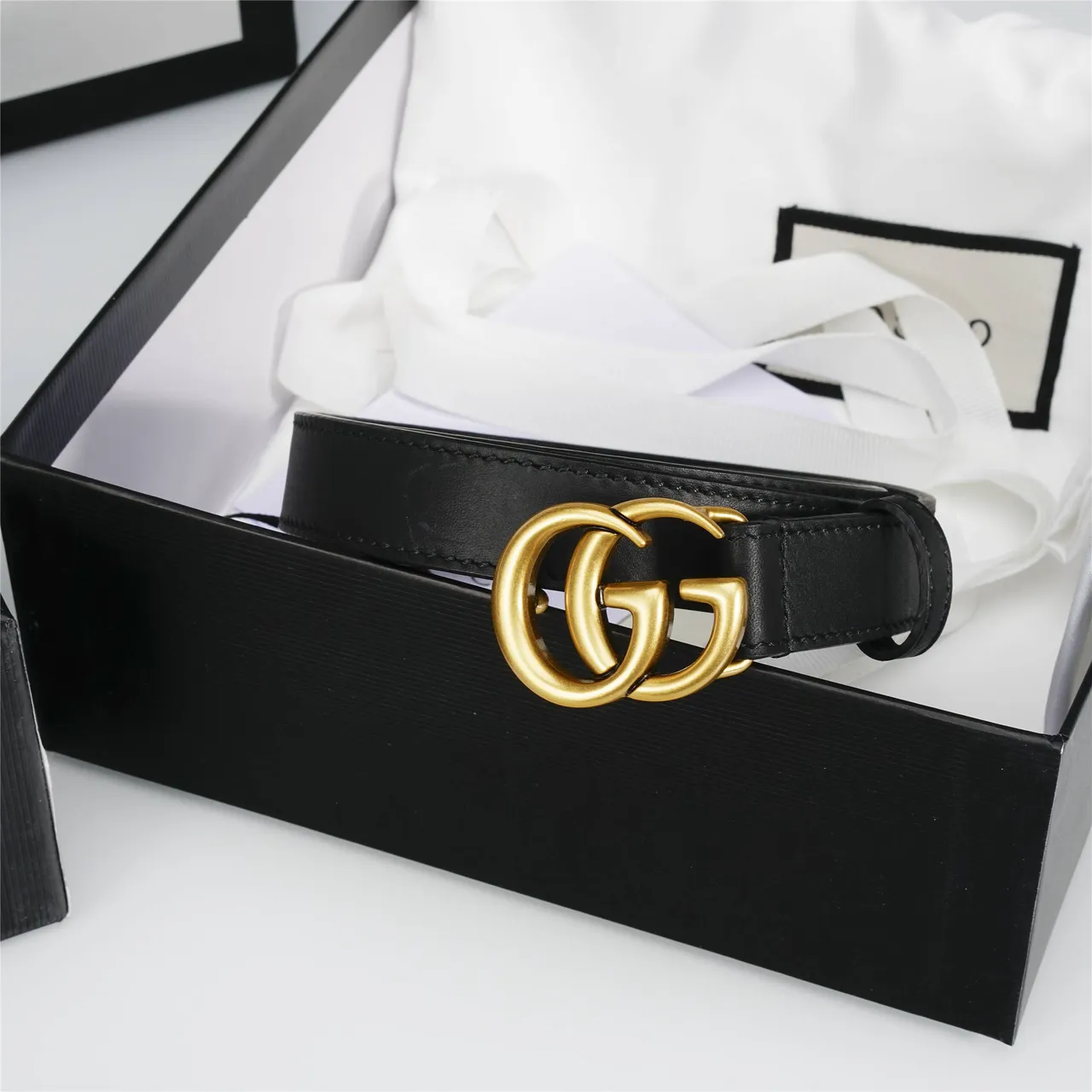 Gucci GG Marmont Black Gold Slim Interlocking Double-G Buckle Leather Belt 5