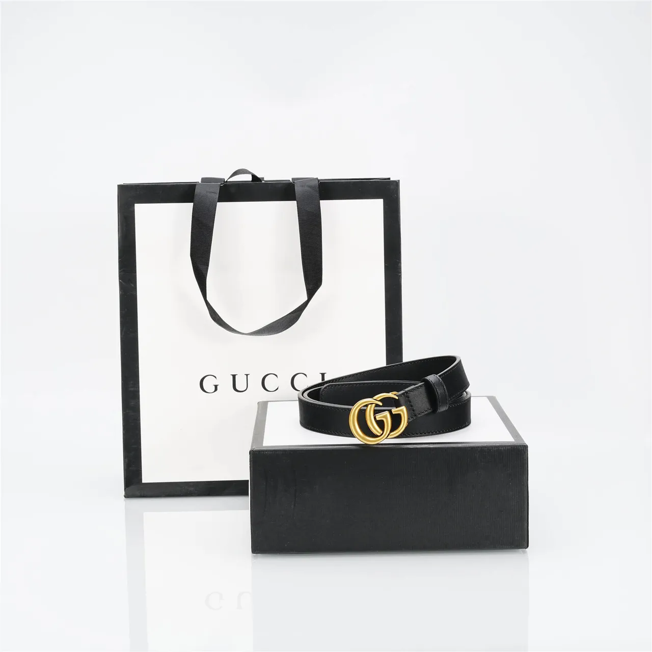 Gucci GG Marmont Black Gold Slim Interlocking Double-G Buckle Leather Belt 9