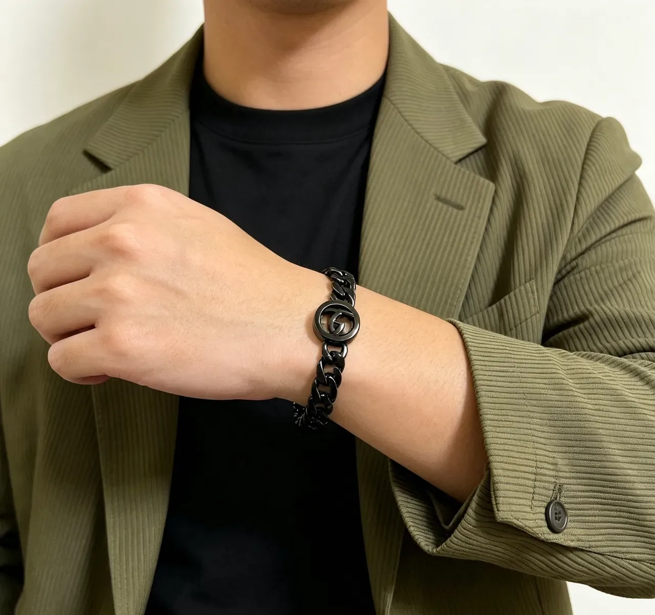 Gucci GG Marmont Black Green Matte Metal Curb-Link Chain Bracelet 2