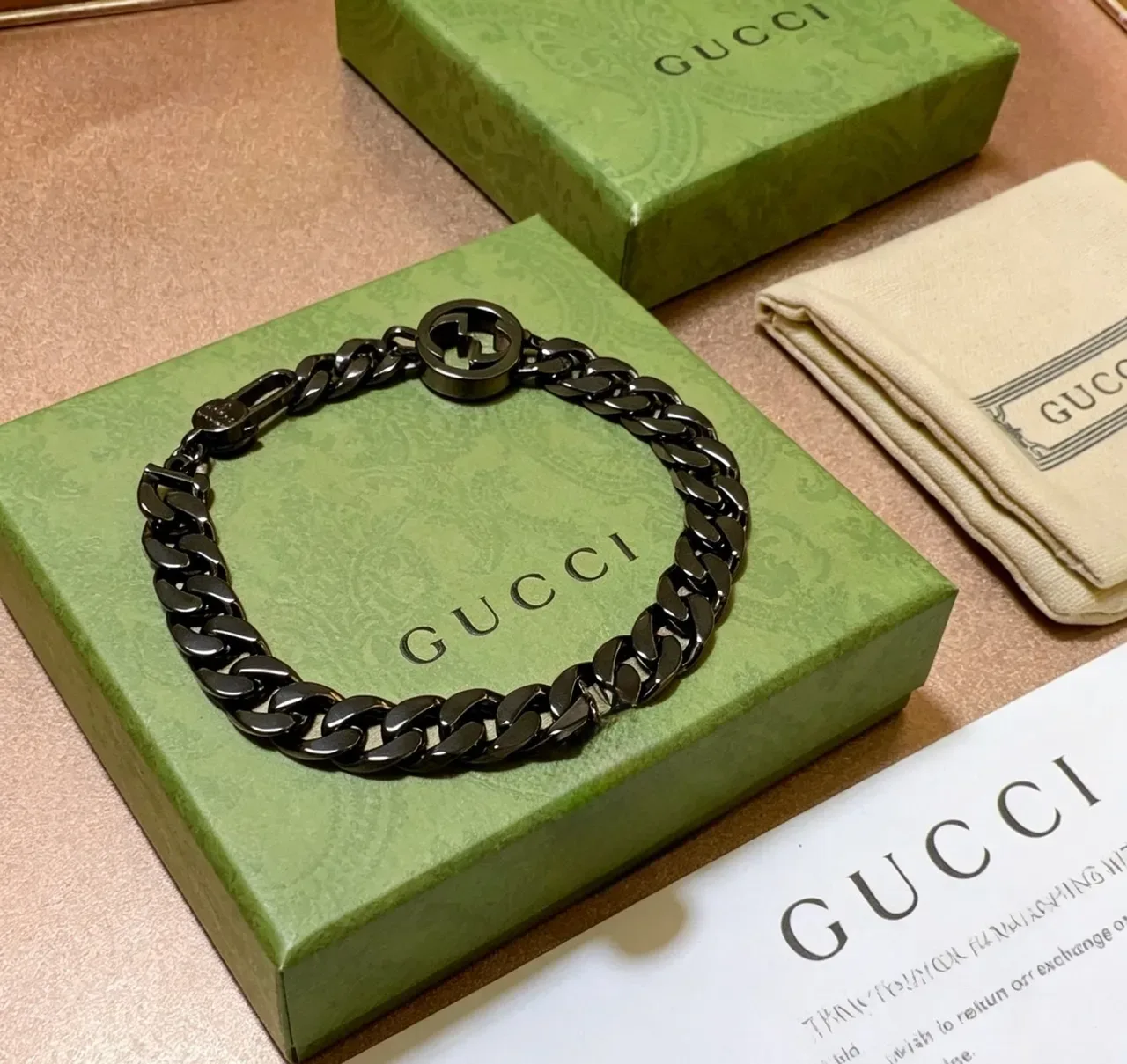 Gucci GG Marmont Black Green Matte Metal Curb-Link Chain Bracelet 3