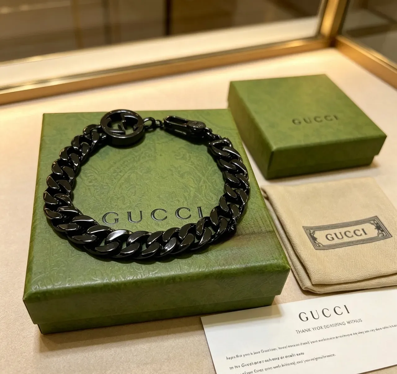 Gucci GG Marmont Black Green Matte Metal Curb-Link Chain Bracelet 4
