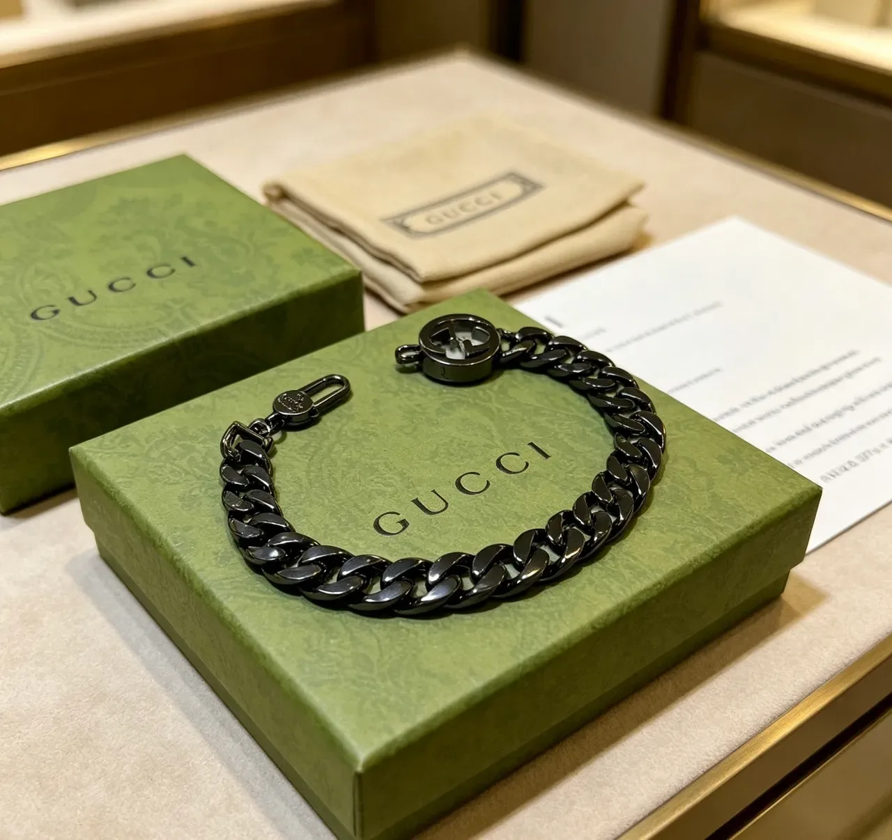 Gucci GG Marmont Black Green Matte Metal Curb-Link Chain Bracelet 5