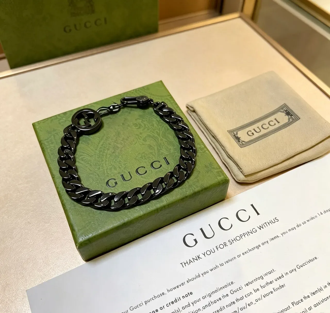 Gucci GG Marmont Black Green Matte Metal Curb-Link Chain Bracelet 7