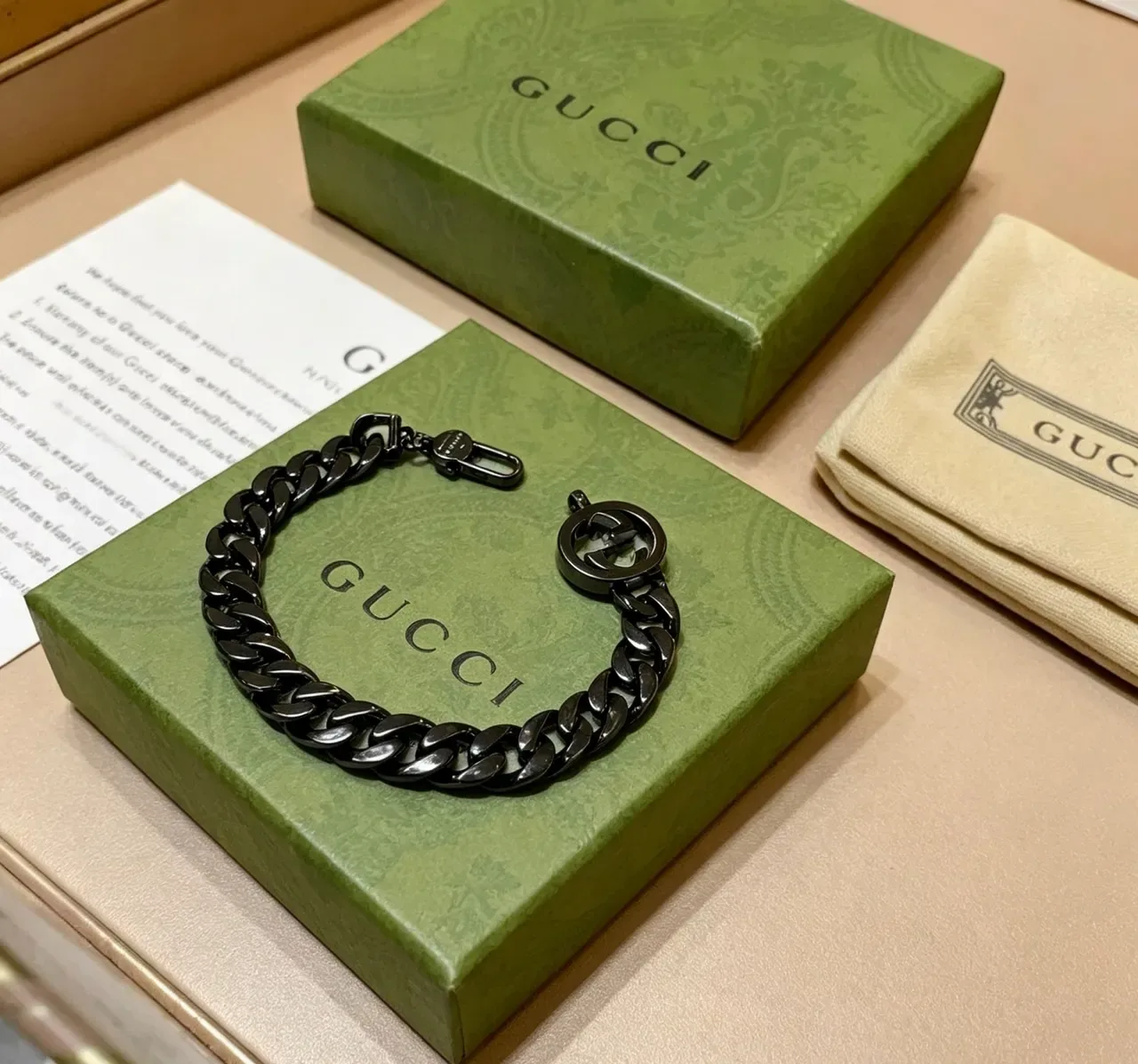 Gucci GG Marmont Black Green Matte Metal Curb-Link Chain Bracelet 9