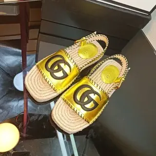 Gucci GG Marmont Gold Black Strap Jute-Wrapped Espadrille Sole Casual Sandals