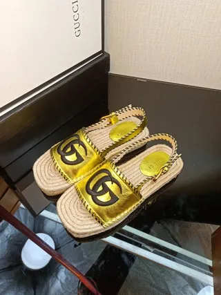 Gucci GG Marmont 金黑鞋带 亚麻草包裹草编鞋底 休闲凉鞋 6