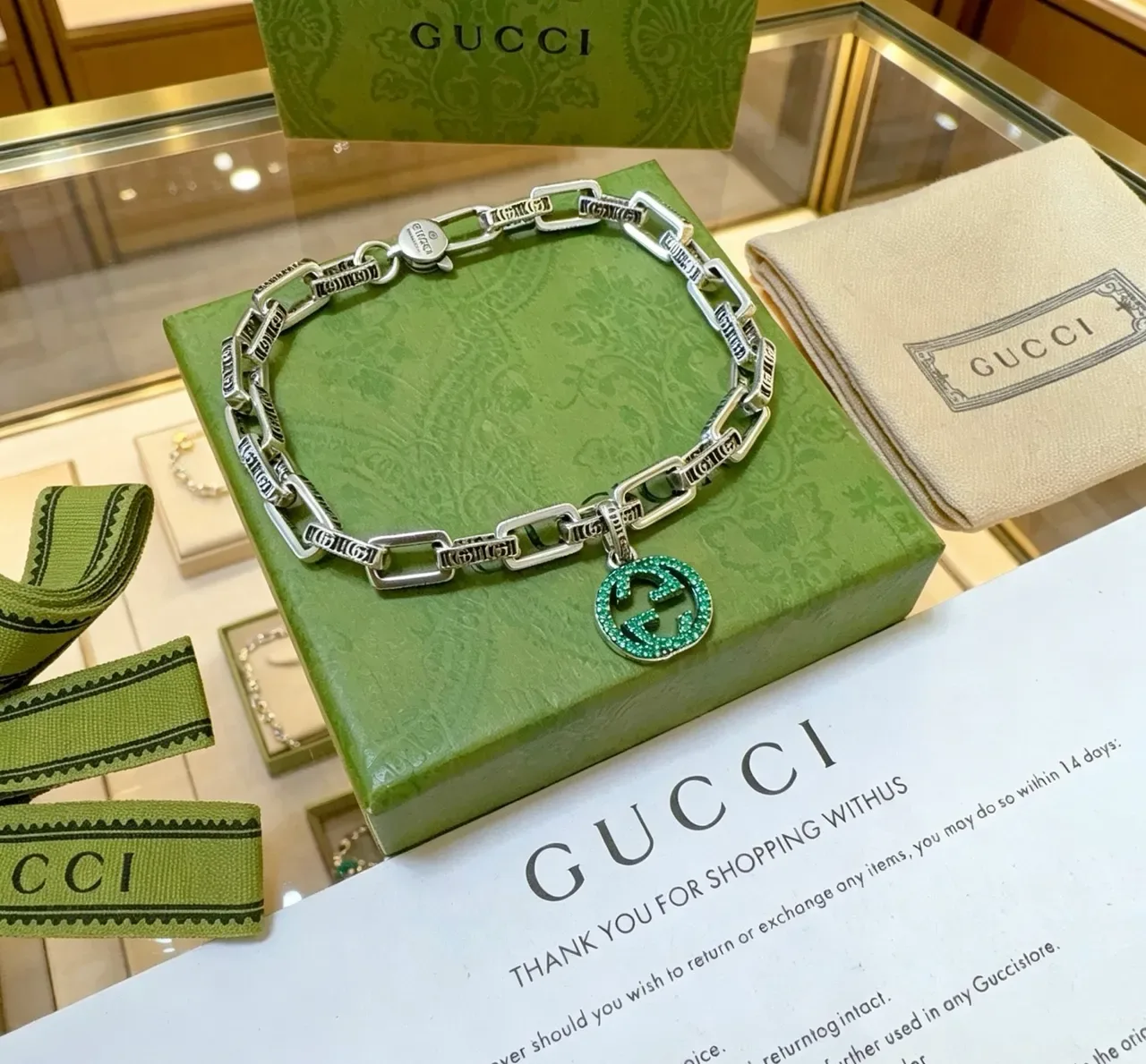 Gucci GG Marmont Green Crystal Chain Bracelet 4