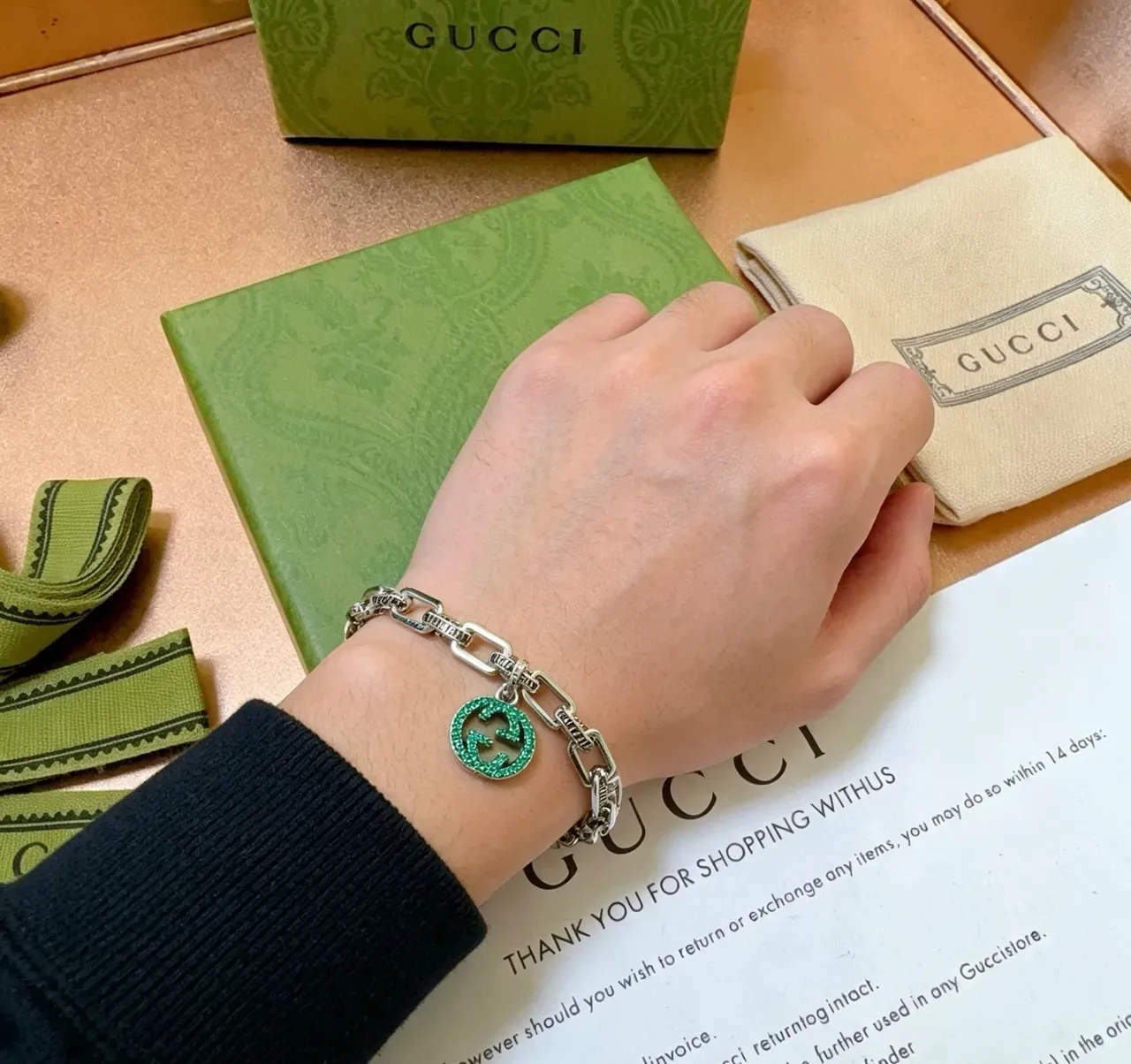 Gucci GG Marmont Green Crystal Chain Bracelet 5