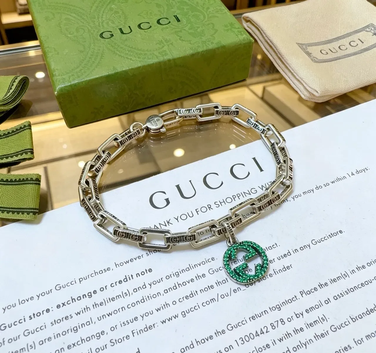 Gucci GG Marmont Green Crystal Chain Bracelet 7