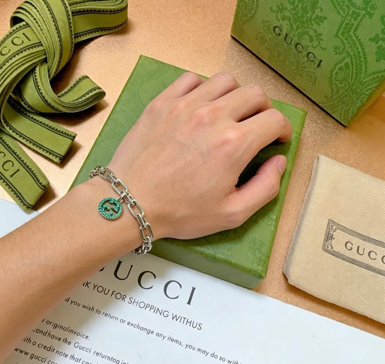 Gucci GG Marmont Green Crystal Chain Bracelet 8