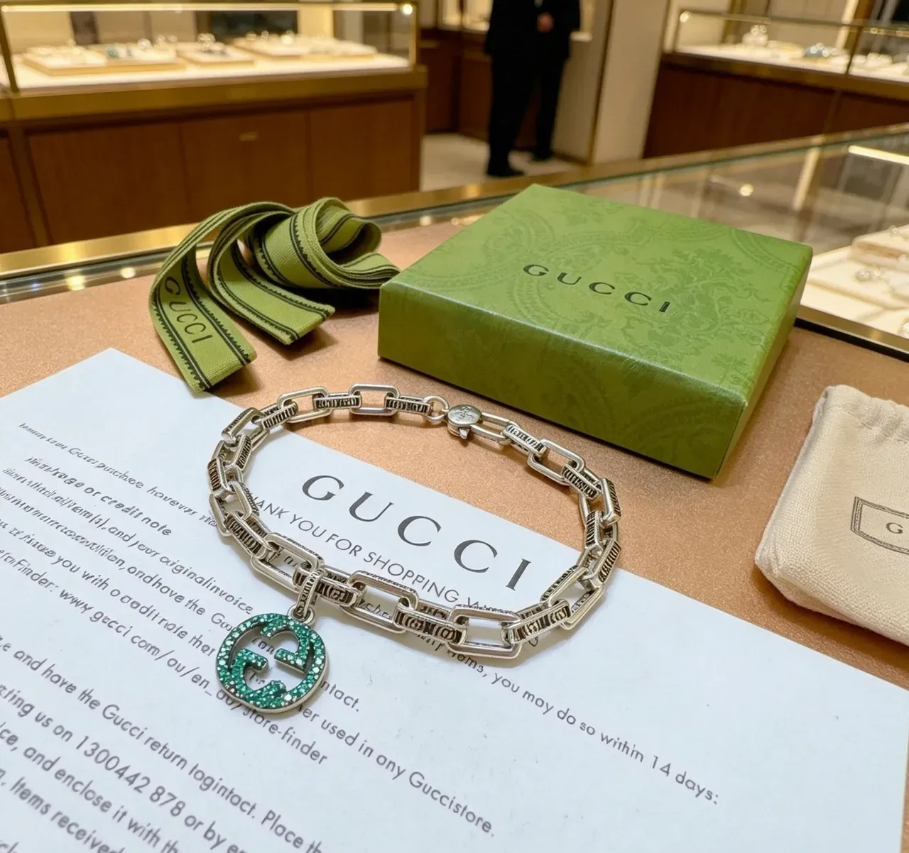 Gucci GG Marmont Green Crystal Chain Bracelet 9