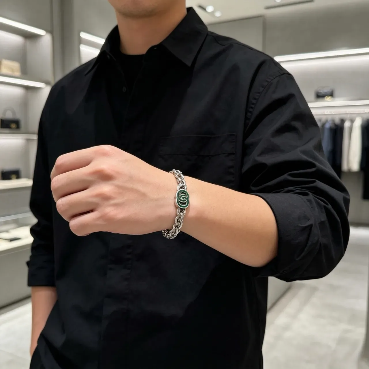 Gucci GG Marmont Pulseira Corrente Prata Esmaltada Verde 2