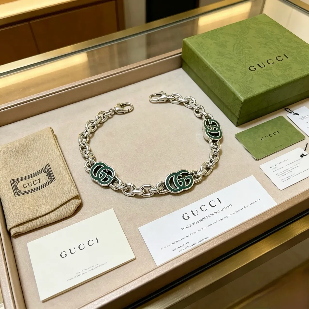 Gucci GG Marmont Pulseira Corrente Prata Esmaltada Verde 7