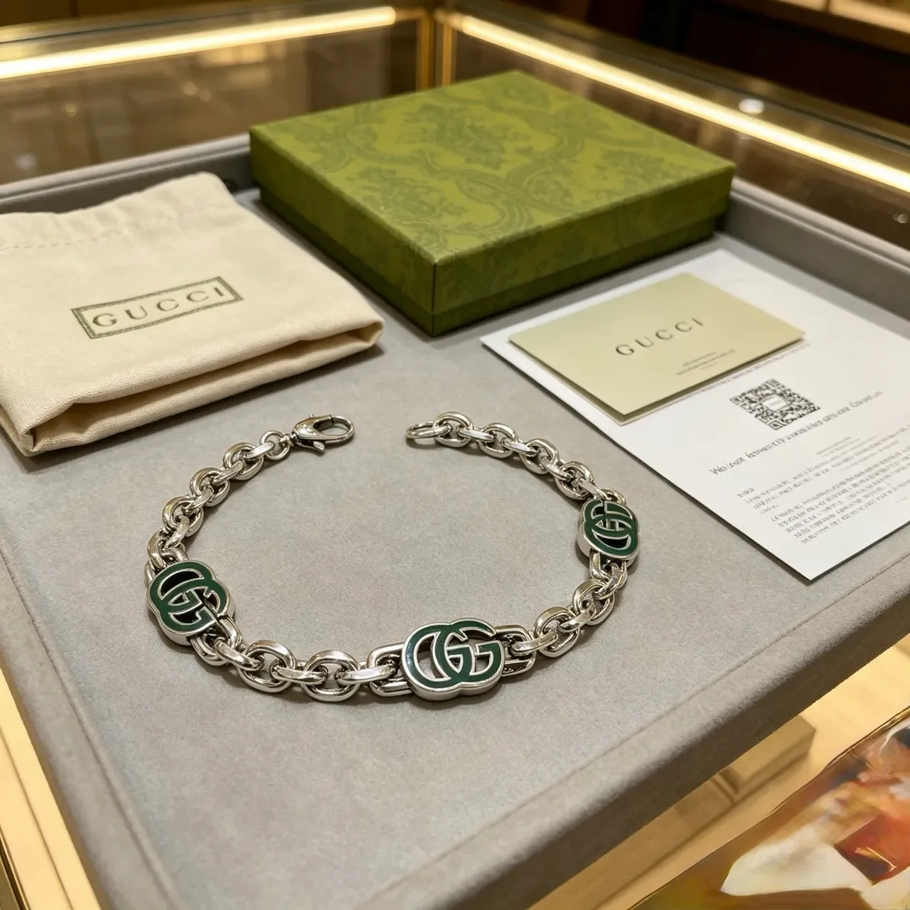 Gucci GG Marmont Pulseira Corrente Prata Esmaltada Verde 8