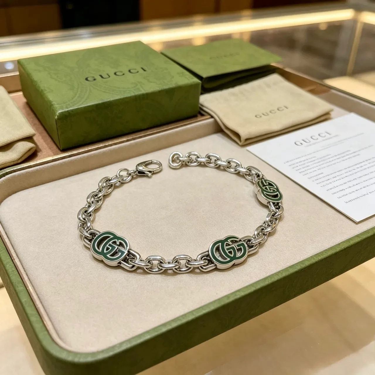 Gucci GG Marmont Pulseira Corrente Prata Esmaltada Verde 9