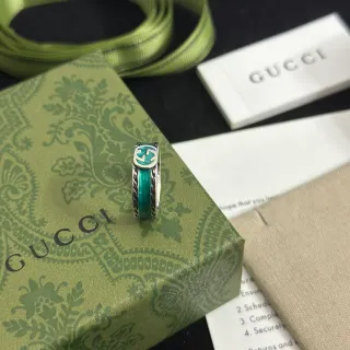 Gucci GG Marmont Green Silver Enamel-Intarsia Interlocking G Motif Ring