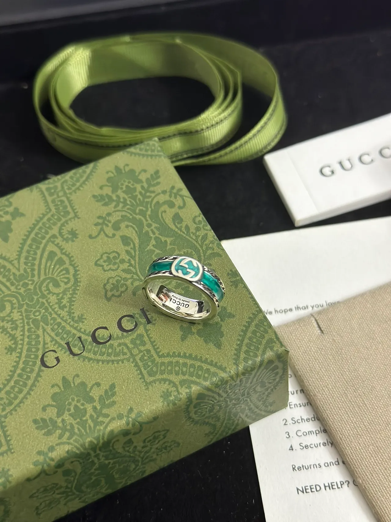 Gucci GG Marmont Verde Prateado Enamel-Intarsia Interlocking G Motif anel 2
