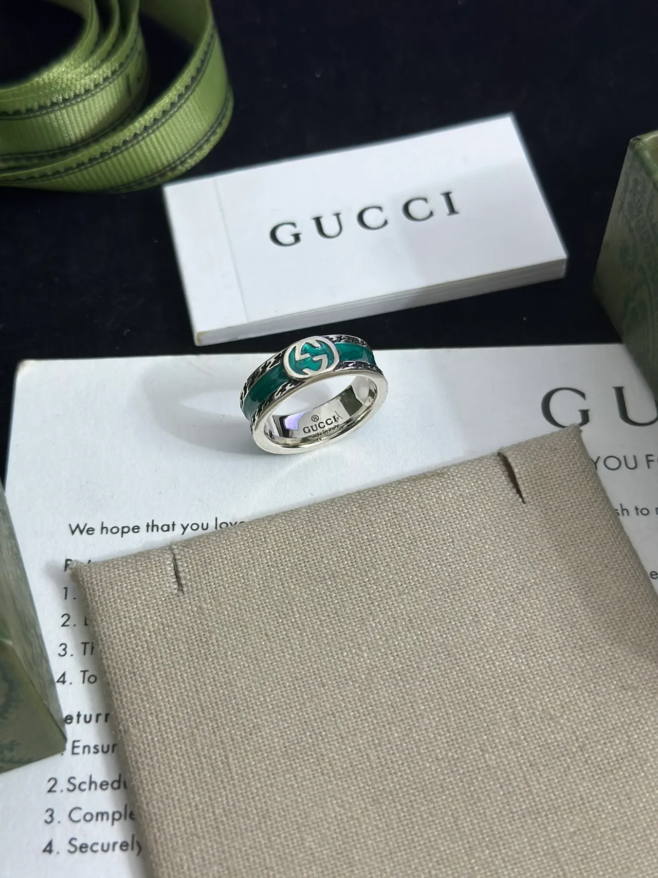Gucci GG Marmont Verde Prateado Enamel-Intarsia Interlocking G Motif anel 4