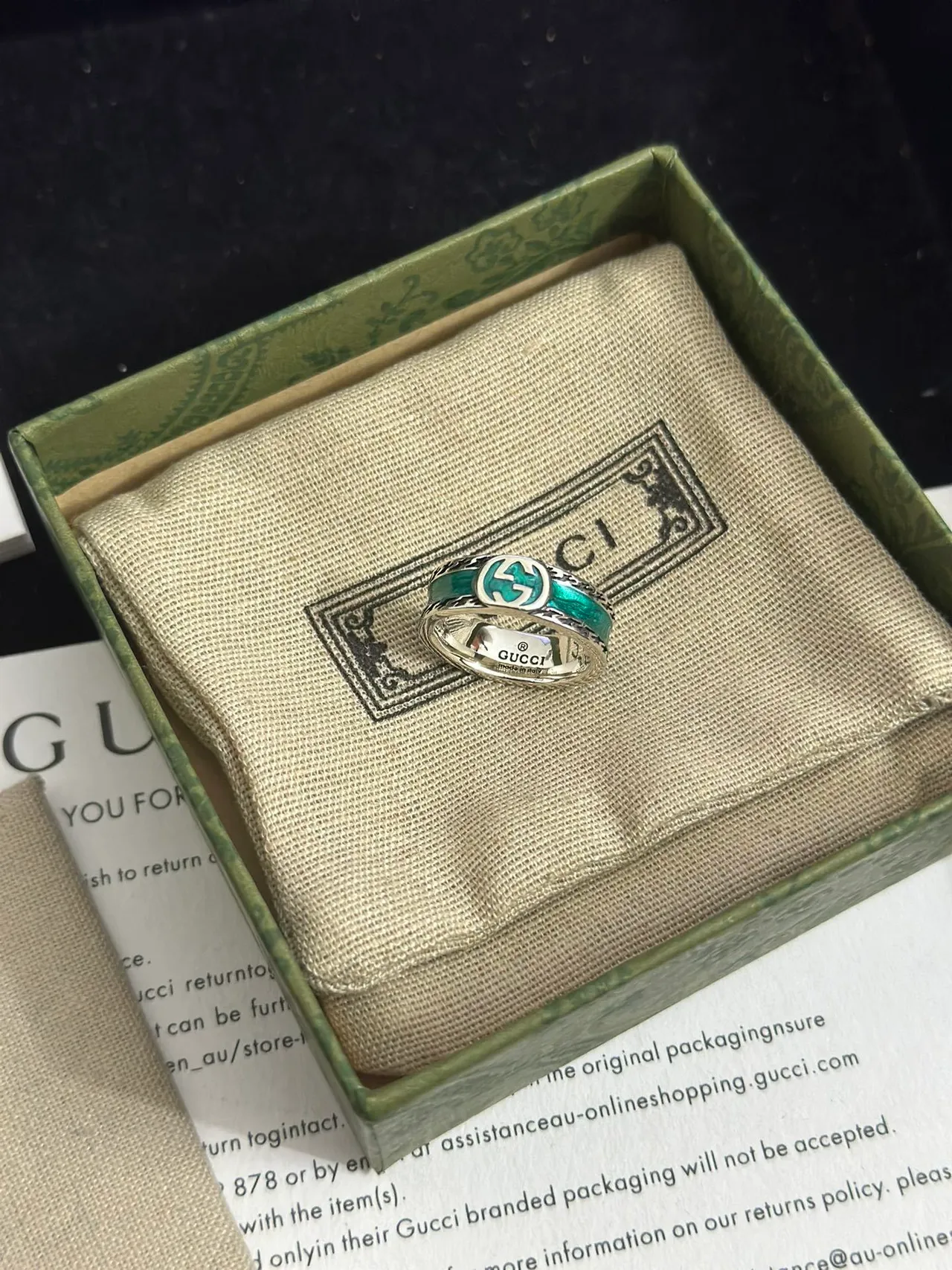 Gucci GG Marmont Verde Prateado Enamel-Intarsia Interlocking G Motif anel 5