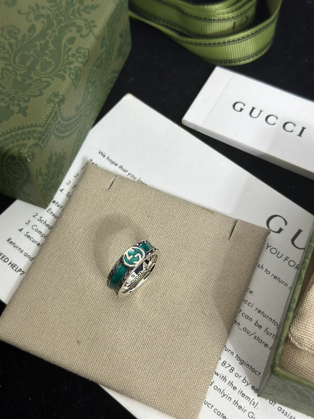 Gucci GG Marmont Verde Prateado Enamel-Intarsia Interlocking G Motif anel 6