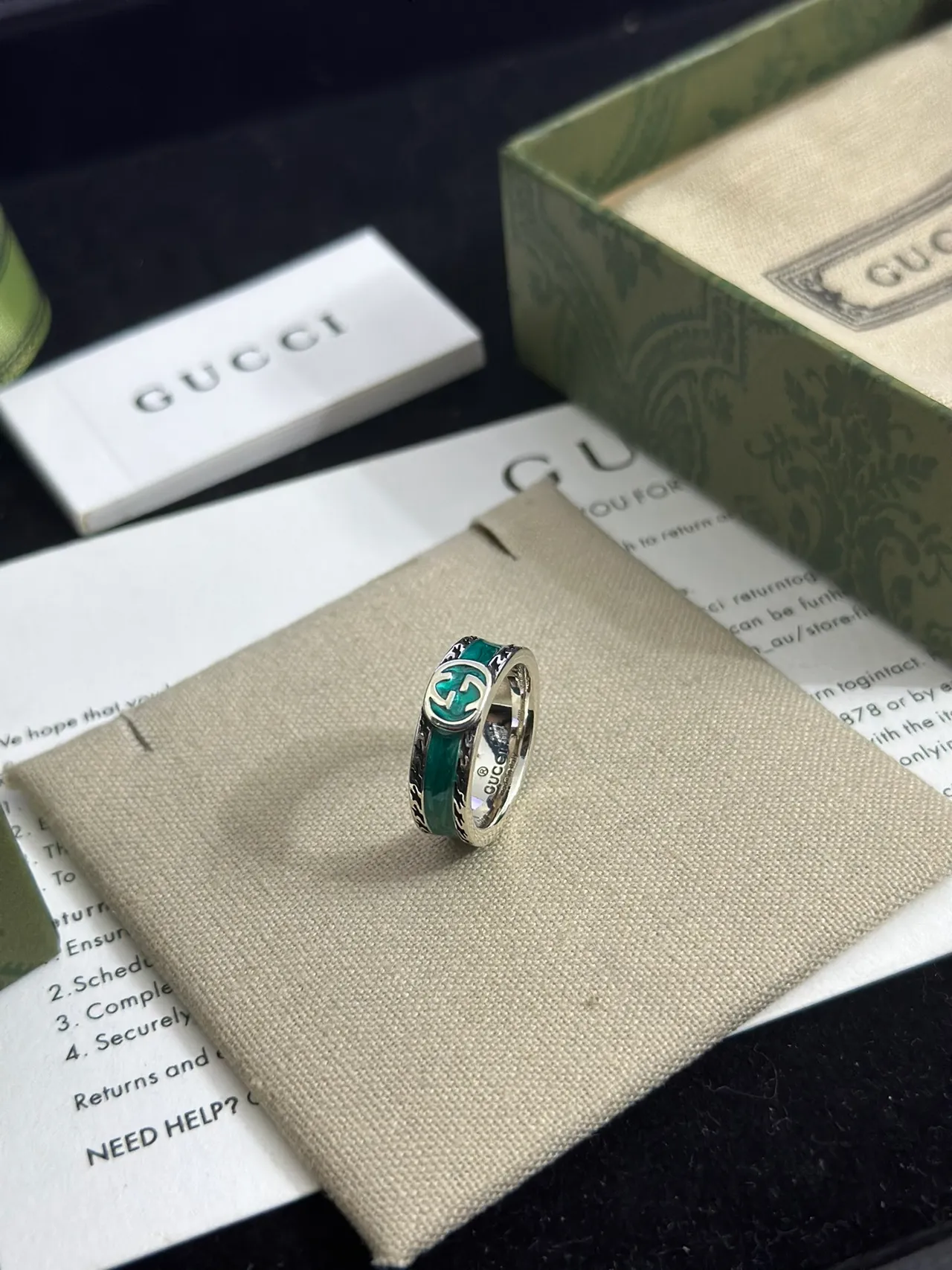 Gucci GG Marmont Verde Prateado Enamel-Intarsia Interlocking G Motif anel 7