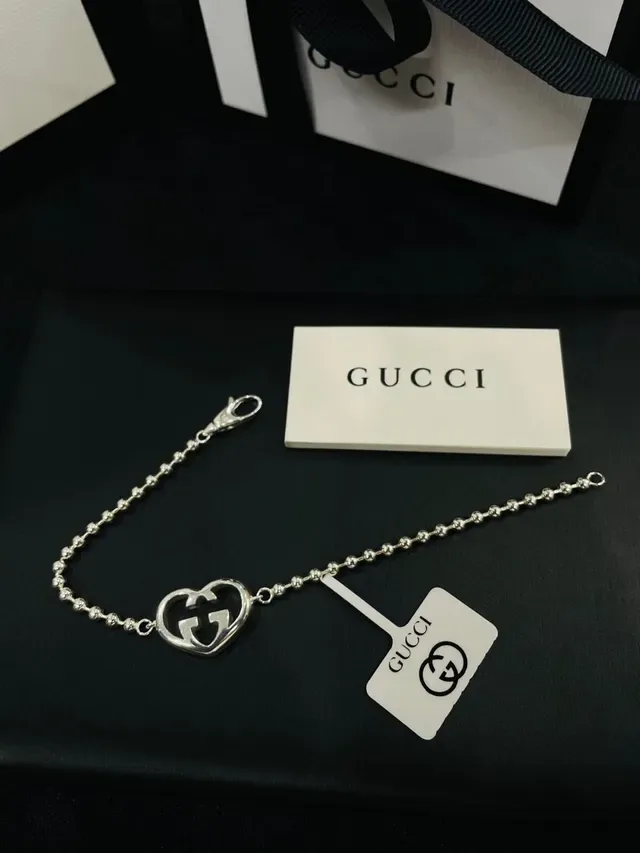 Gucci GG Marmont Heart Beaded Chain Silver Bracelet 2