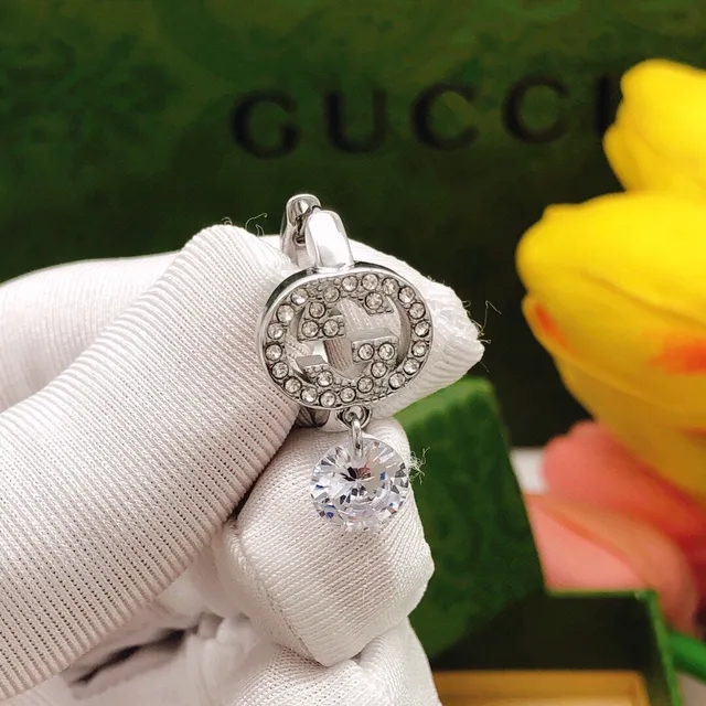 Gucci GG Marmont-inspired Silver Transparent Crystal-Encrusted Double G Logo Earrings 5