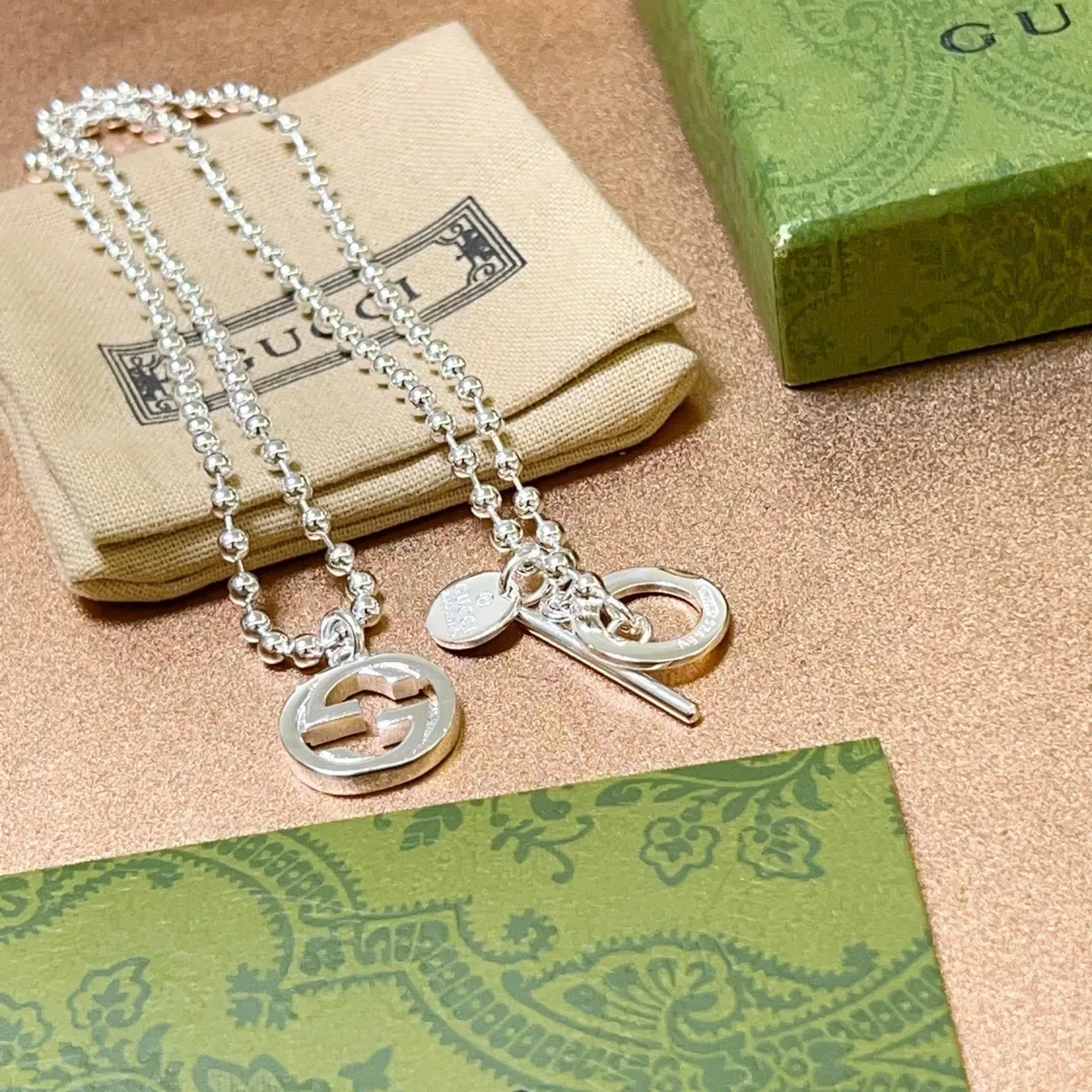 Gucci GG Marmont Interlocking G Silver Ball Chain Necklace 4