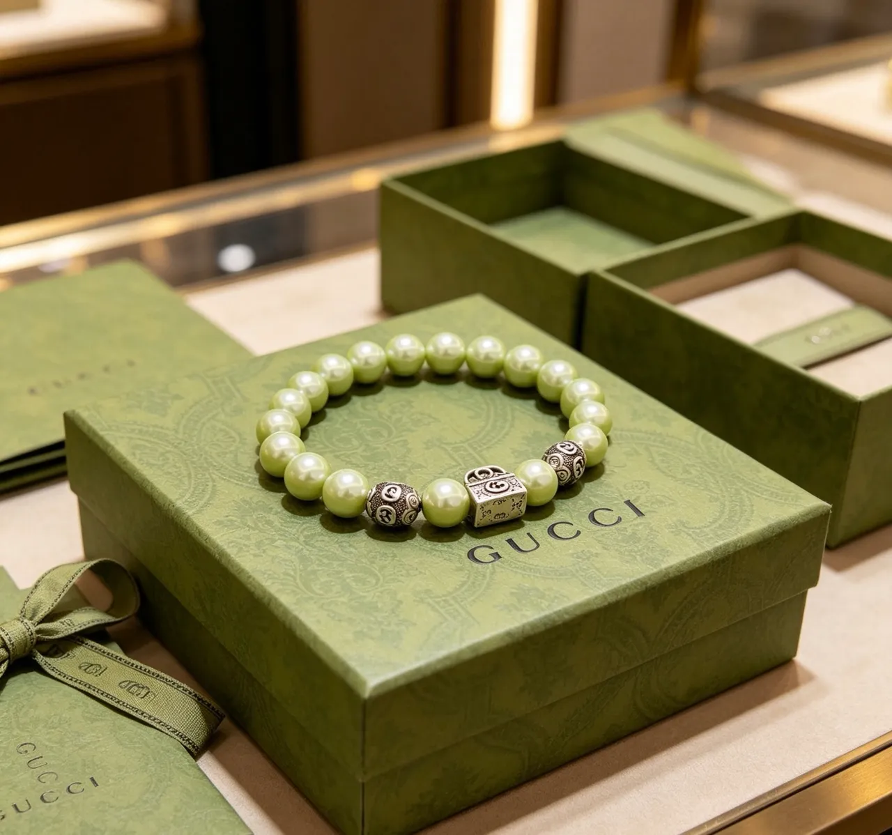 Gucci GG Marmont Pulseira com Pérola Verde Claro e Charm de Acabamento Prateado 2