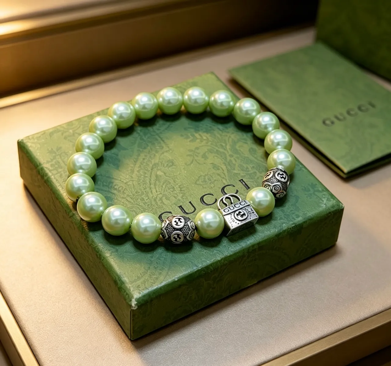 Gucci GG Marmont Pulseira com Pérola Verde Claro e Charm de Acabamento Prateado 5
