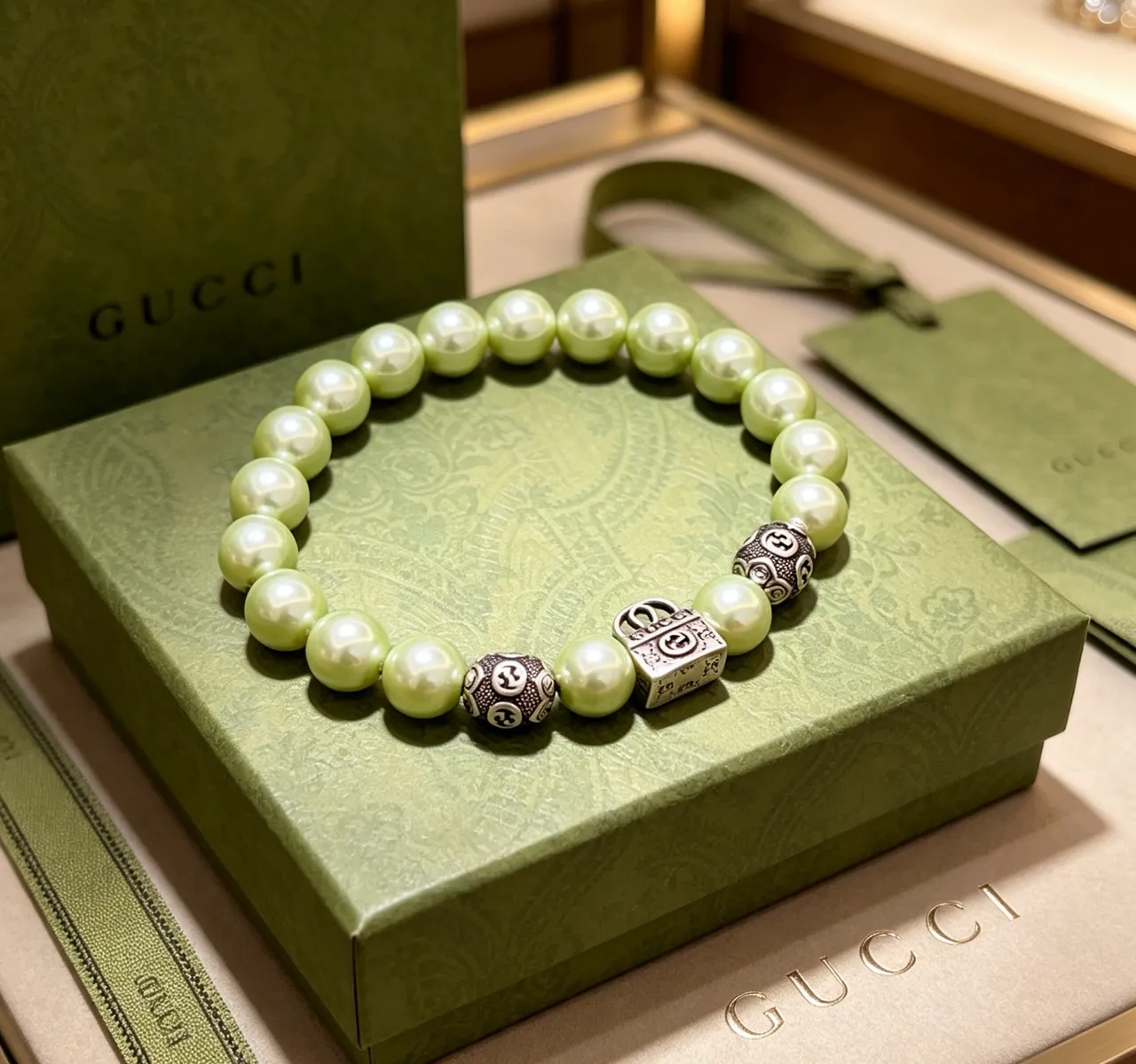 Gucci GG Marmont Pulseira com Pérola Verde Claro e Charm de Acabamento Prateado 7