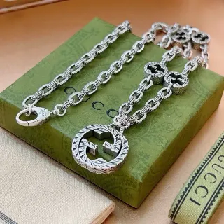 Gucci GG Marmont Ornate Leaf Double G Silver Tone Necklace