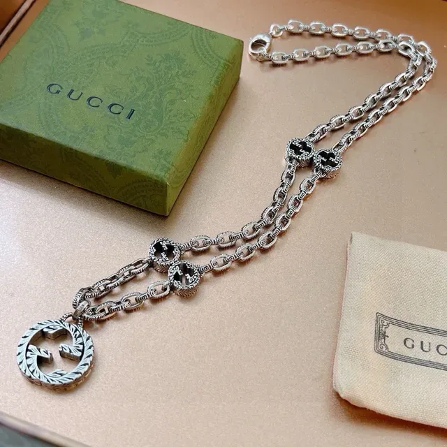 Gucci GG Marmont Ornate Leaf Double G Silver Tone Necklace 3