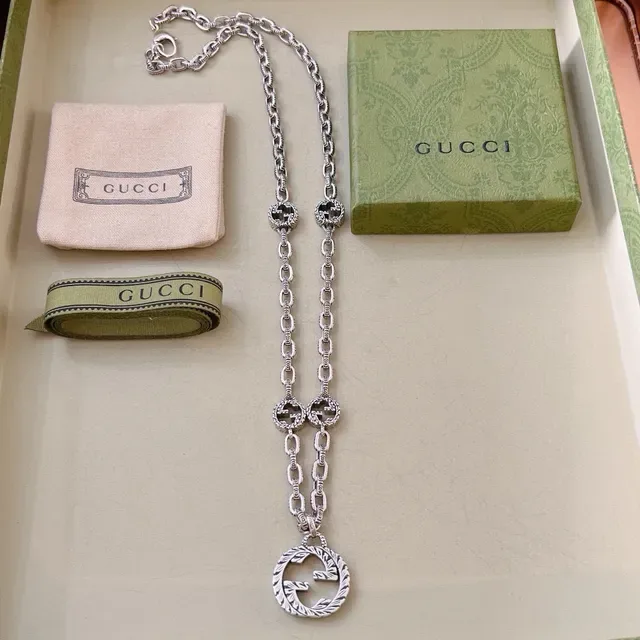 Gucci GG Marmont Ornate Leaf Double G Silver Tone Necklace 7