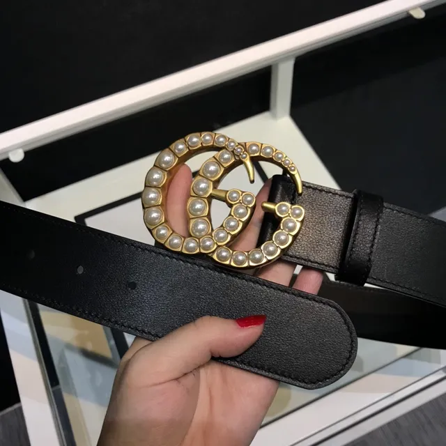 Gucci GG Marmont Ceinture en cuir noir incrustée de perles 3