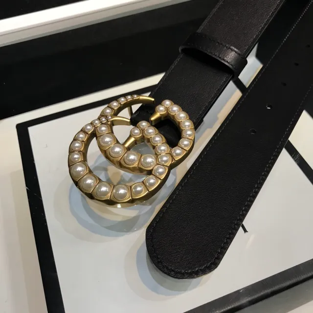 Gucci GG Marmont Ceinture en cuir noir incrustée de perles 6