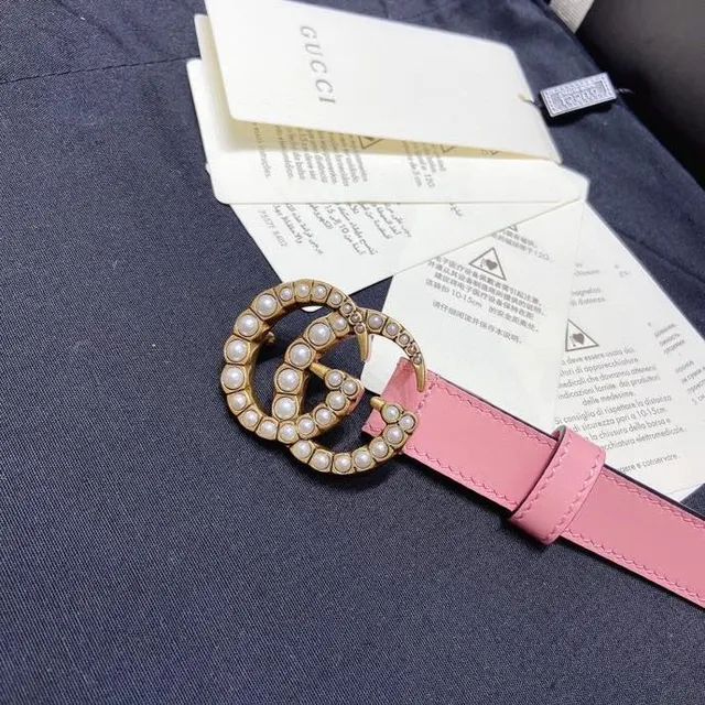Gucci GG Marmont Pearl-Embellished Pink Leather Belt 7