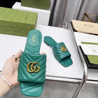 Gucci GG Marmont Quilted Green Leather Slippers