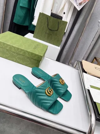 Gucci GG Marmont Quilted Green Leather Slippers 2
