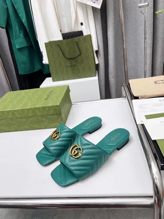 Gucci GG Marmont Quilted Green Leather Slippers 3