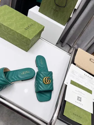 Gucci GG Marmont Quilted Green Leather Slippers 6
