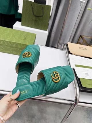 Gucci GG Marmont Quilted Green Leather Slippers 7